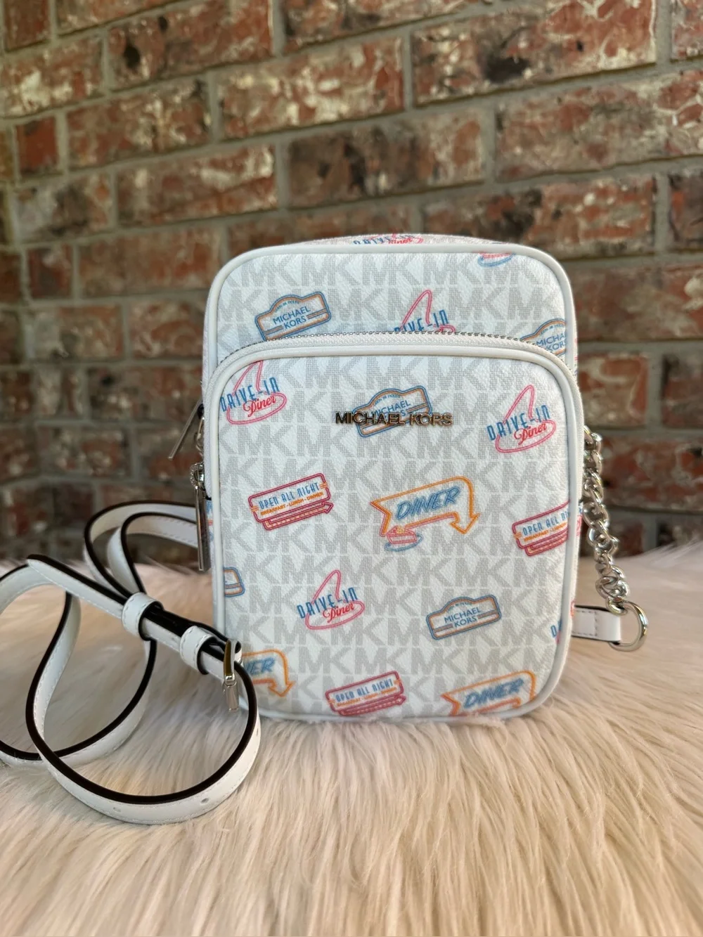 Michael Kors White Logo Print Crossbody with Multicolor Diner Accents